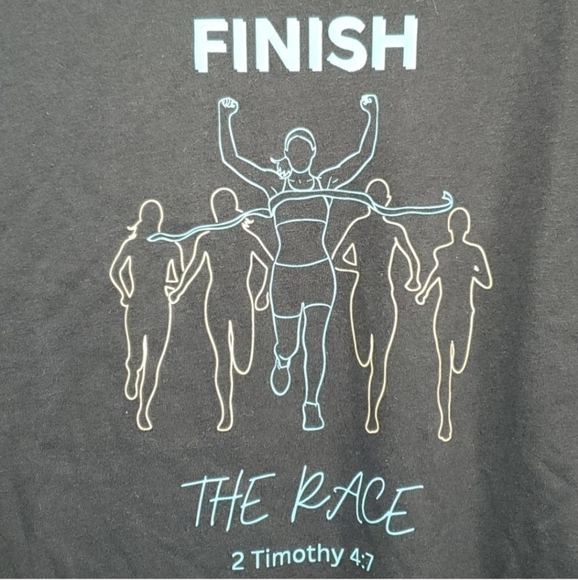 NWOT "Finish the Race" 2 Timothy 4:7 Tshirt, 60/40 Polyester Cotton Blend - Picture 2 of 4